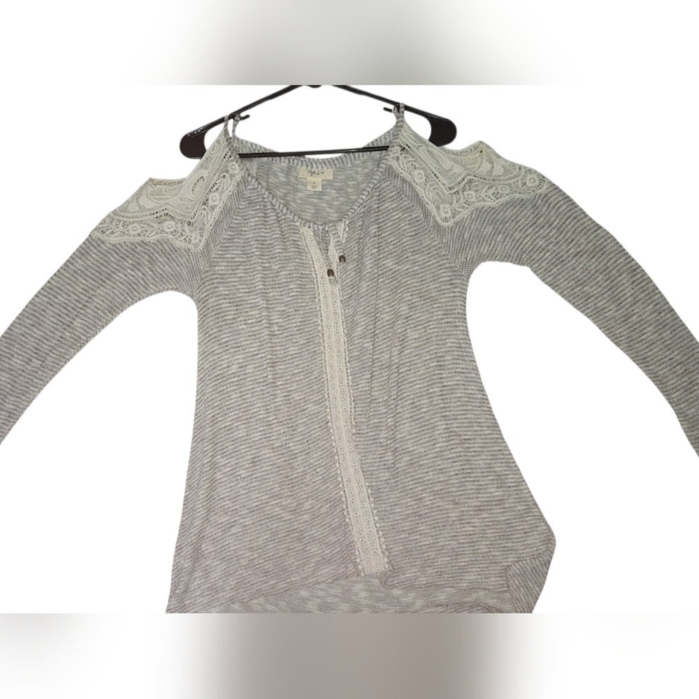 Style & Co. Gray Striped V-Neck Sweater with Lace Accents